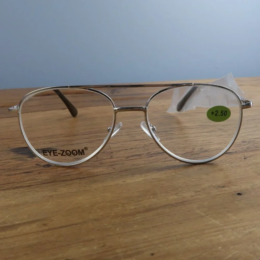 EYEZOOM SILVER FRAME 55MM UNISEX AVAITOR READING GLASSES 2.50 NWT